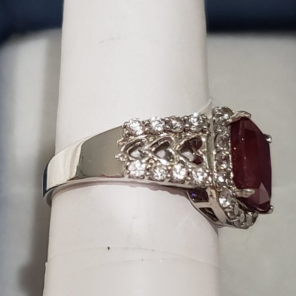Niassa Ruby & White Zircon fancy halo ring in Platinum over 925 SS sz 8 4.50 tcw - Picture 6 of 7